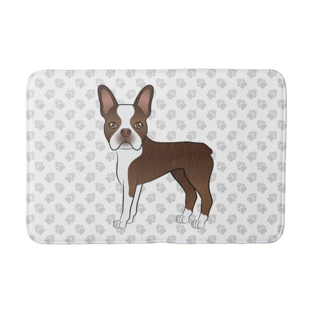 Chocolate Brown Boston Terrier Cartoon Dog & Paws Bath Mat (Front)