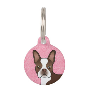 Chocolate Brown Boston Terrier Head On Pink Hearts Pet Tag
