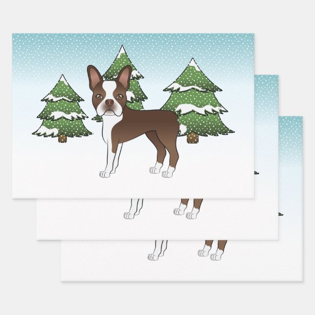 Chocolate Brown Boston Terrier In A Winter Forest Wrapping Paper Sheet (Set)
