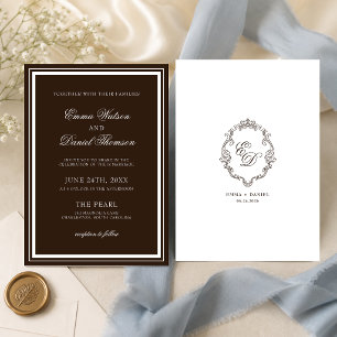Chocolate Brown Classic Crest Monogram Wedding Invitation