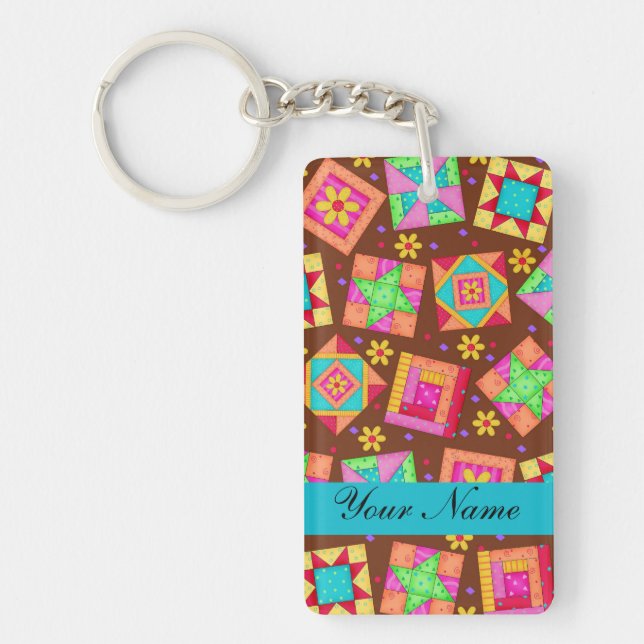 Chocolate Brown Colourful Quilt Patchwork Blocks Key Ring (Front)