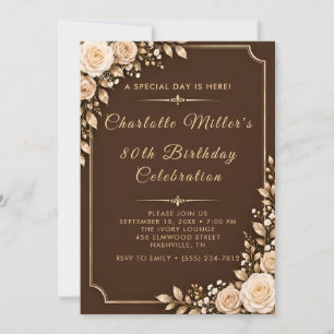 Chocolate Brown Cream Roses 80th Birthday Invitation