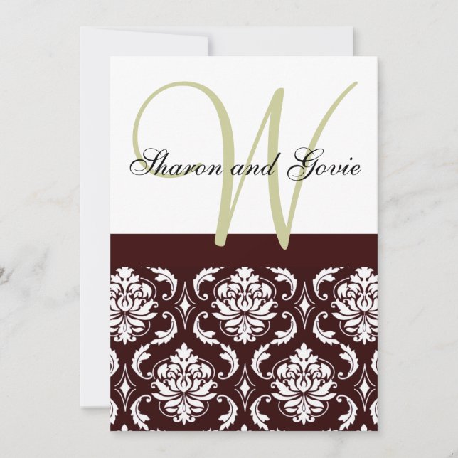Chocolate Brown Damask Monogram Wedding Invitation (Front)