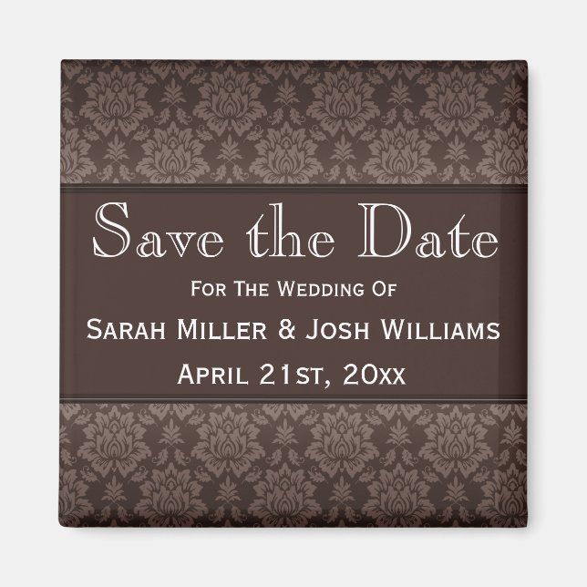 Chocolate Brown Damask Save the Date Magnet (Front)