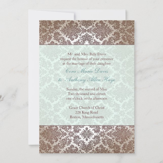 Chocolate Brown Damask Wedding Invitation (Front)