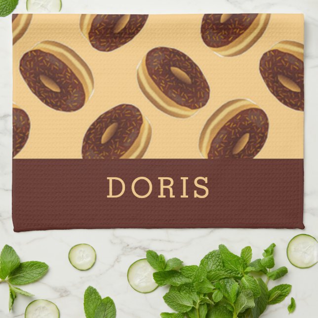 Chocolate brown doughnuts pattern tea towel (Folded)