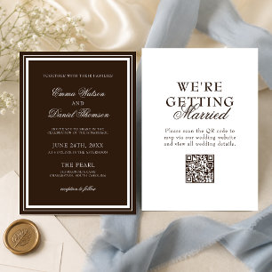 Chocolate Brown Elegant Minimalist QR Code Wedding Invitation