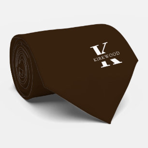 Chocolate Brown Elegant Monogram + Name One-Sided Tie