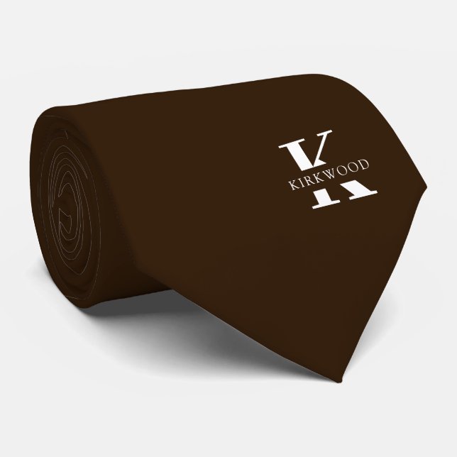 Chocolate Brown Elegant Monogram + Name One-Sided Tie (Rolled)