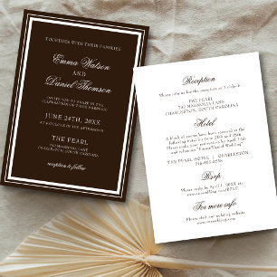 Chocolate Brown Elegant Reception Details Wedding Invitation