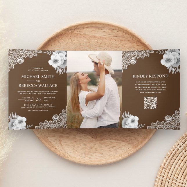 Chocolate Brown Floral Lace Photo QR Code Wedding Tri-Fold Invitation (Creator Uploaded)