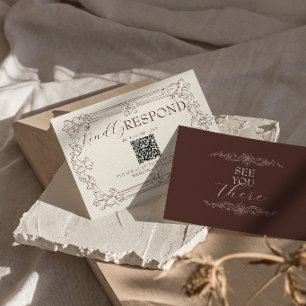 Chocolate Brown Floral Old Money QR Code Wedding RSVP Card