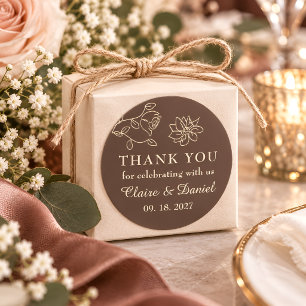 Chocolate Brown Floral Wedding Thank You Classic Round Sticker