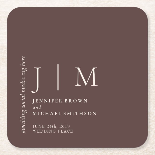 Chocolate Brown Formal Simple Elegant Wedding Square Paper Coaster (Front)