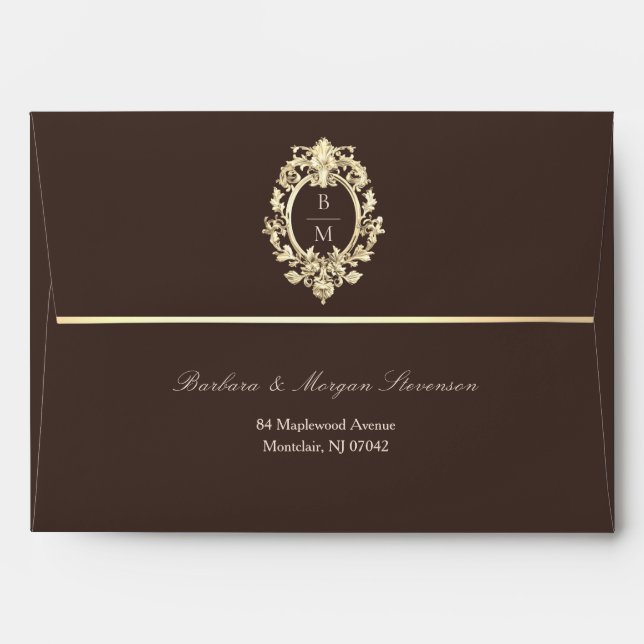 Chocolate Brown Gold Baroque Monogram Wedding Envelope (Back (Top Flap))