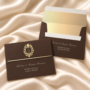 Chocolate Brown Gold Baroque Monogram Wedding Envelope