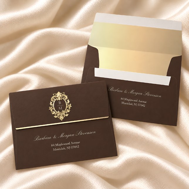 Chocolate Brown Gold Baroque Monogram Wedding Envelope (Creator Uploaded)