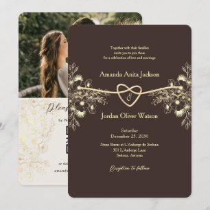 Chocolate Brown Gold Floral Fall Winter Wedding Invitation
