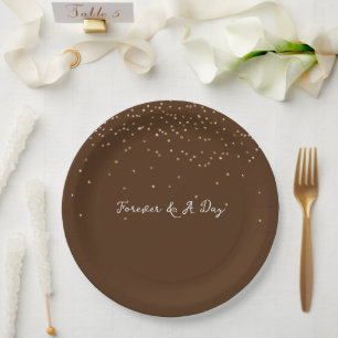 Chocolate Brown Gold Glam Confetti Paper Plate
