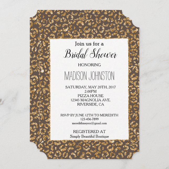 Chocolate Brown Gold Glitter Leopard Animal  Invitation (Front/Back)