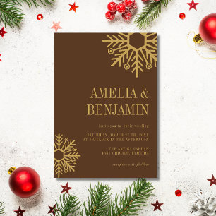 Chocolate Brown & Gold Simple Snowflake Wedding Invitation