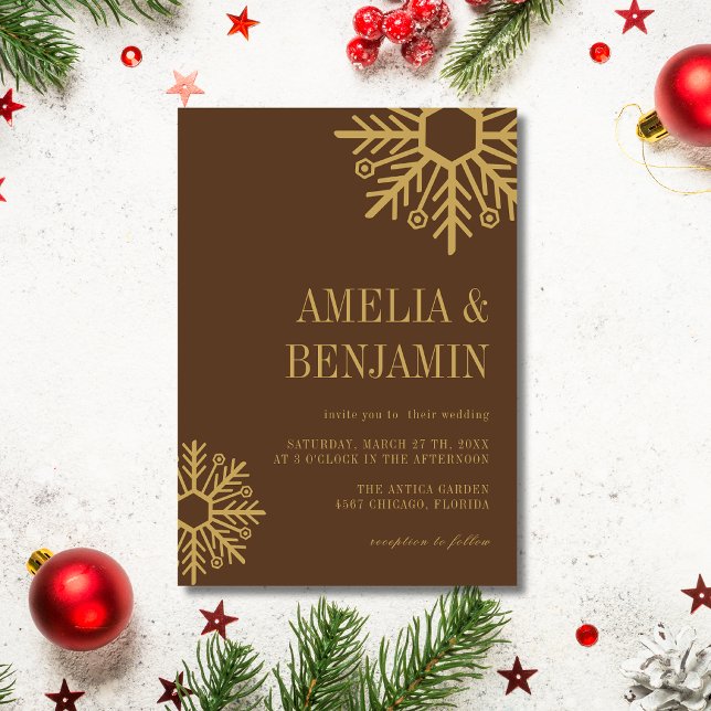 Chocolate Brown & Gold Simple Snowflake Wedding Invitation (Creator Uploaded)