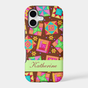 Chocolate Brown Green Patchwork Quilt Block Art