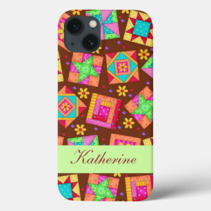 Chocolate Brown Green Patchwork Quilt Block Art iPhone 13 Case