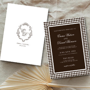Chocolate Brown Harlequin Border Crest Wedding Invitation