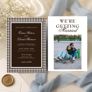 Chocolate Brown Harlequin Border Photo Wedding Invitation