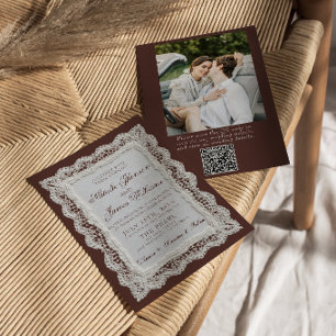 Chocolate Brown Lace Doily Photo QR Code Wedding  Invitation