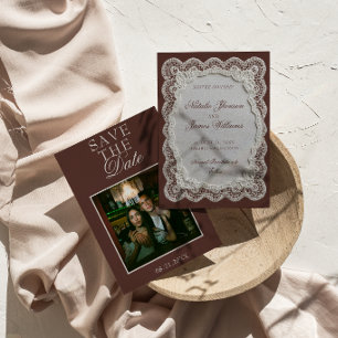 Chocolate Brown Lace Old Money Photo Wedding Save The Date