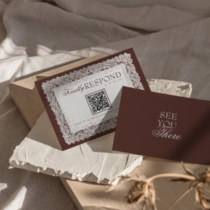 Chocolate Brown Lace Old Money QR Code Wedding RSVP Card