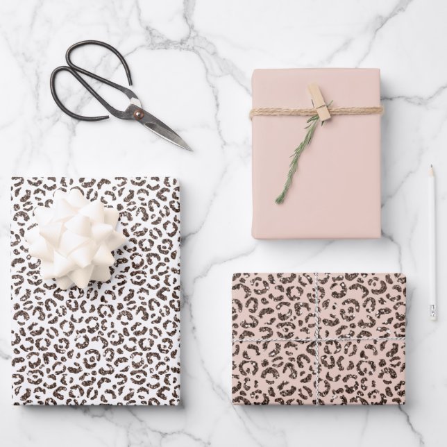 Chocolate Brown Leopard Glitter Blush Peach       Wrapping Paper Sheet (Front)