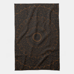 Chocolate Brown Mandala with Intricate Symmetry Tea Towel