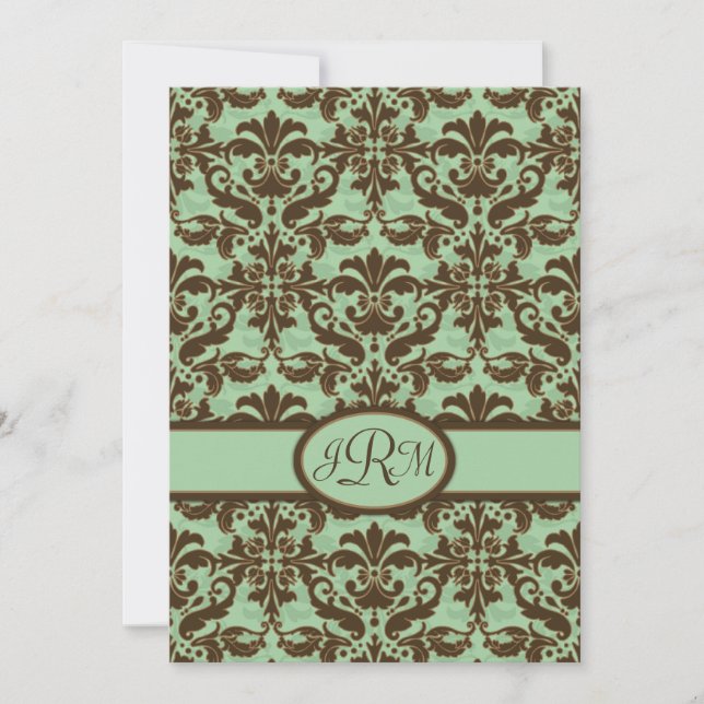 Chocolate Brown & Mint Green Damask Invitation (Front)