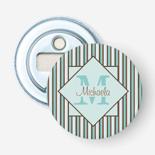 Chocolate Brown & Mint Green Stripes Monogram Bottle Opener