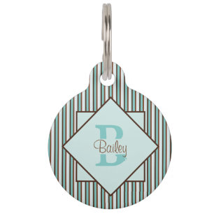 Chocolate Brown & Mint Green Stripes Monogram Pet Tag