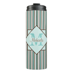 Chocolate Brown & Mint Green Stripes Monogram Thermal Tumbler