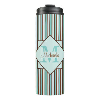 Chocolate Brown & Mint Green Stripes Monogram Thermal Tumbler