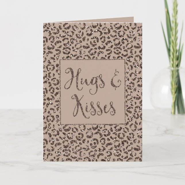 Chocolate Brown Mocha Cream Leopard Glitter Kisses Card (Front)