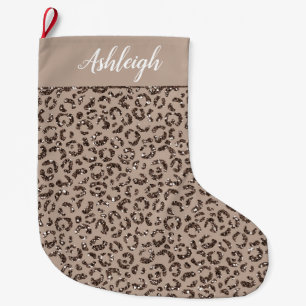 Chocolate Brown Mocha Cream Leopard Glitter Large Christmas Stocking