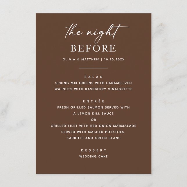 Chocolate Brown Modern Script Rehearsal Dinner Menu (Front)