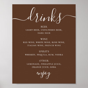 Chocolate Brown Modern Script Wedding Drinks Menu Poster