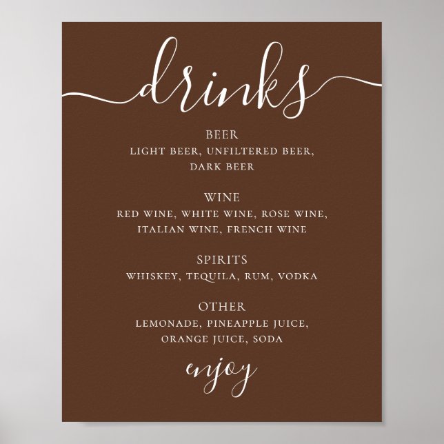 Chocolate Brown Modern Script Wedding Drinks Menu Poster (Front)