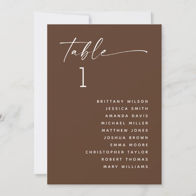 Chocolate Brown Modern Wedding Table Seating Chart Invitation (Front)