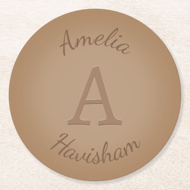 Chocolate Brown Monogram & Name Personalised Round Paper Coaster (Front)