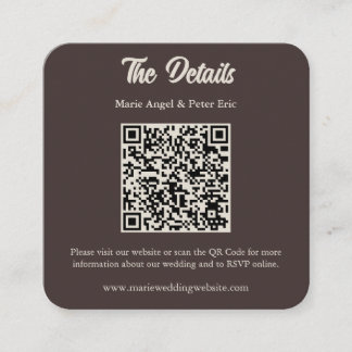 Chocolate Brown Monogram QR Code Wedding Details Square Business Card