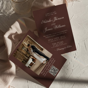 Chocolate Brown Old Money QR Code Photo Wedding Invitation