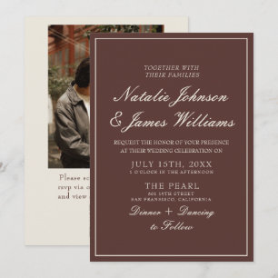 Chocolate Brown Old Money QR Code Photo Wedding Invitation